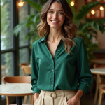 Femme souriante dans un café avec ambiance chaleureuse