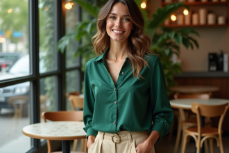 Femme souriante dans un café avec ambiance chaleureuse