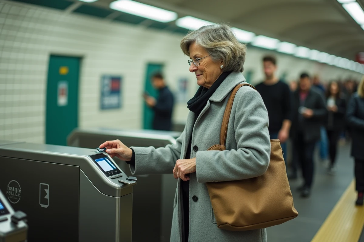 Femme utilisant sa carte Navigo à un tourniquet du métro parisien pour bénéficier d'un tarif réduit RATP