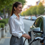Femme souriante charge une voiture hybride en extérieur