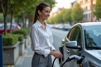 Femme souriante charge une voiture hybride en extérieur
