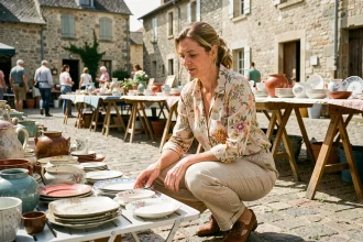 Femme chinant de la vaisselle ancienne sur un vide grenier en Haute-Loire lors d'un week-end ensoleillé