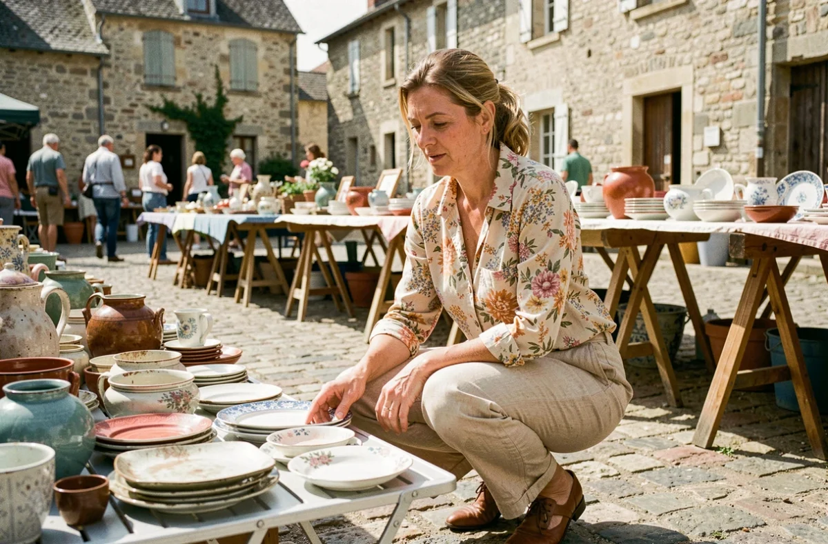 Femme chinant de la vaisselle ancienne sur un vide grenier en Haute-Loire lors d'un week-end ensoleillé