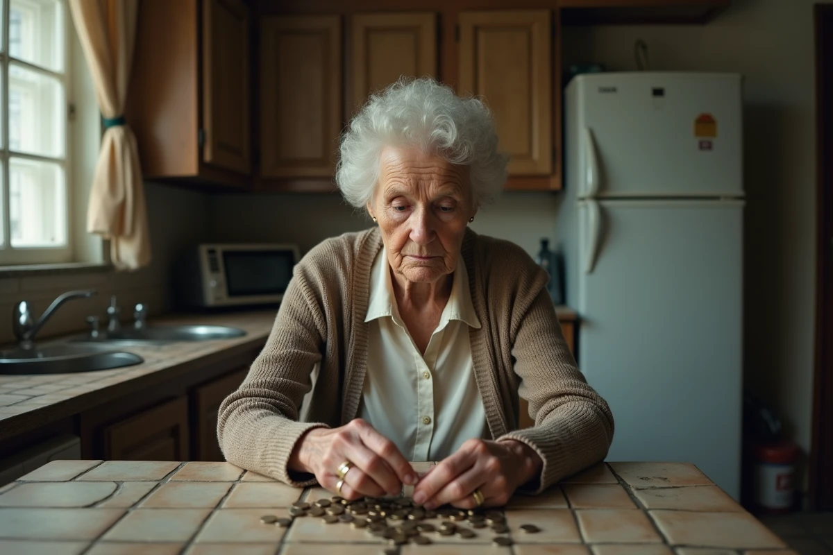 Femme âgée comptant des pièces dans sa cuisine modeste