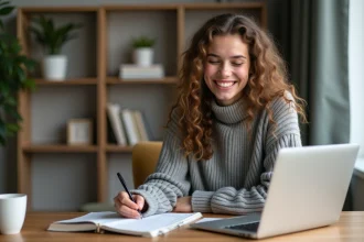 Jeune femme convertissant des tonnes en kilogrammes dans un bureau