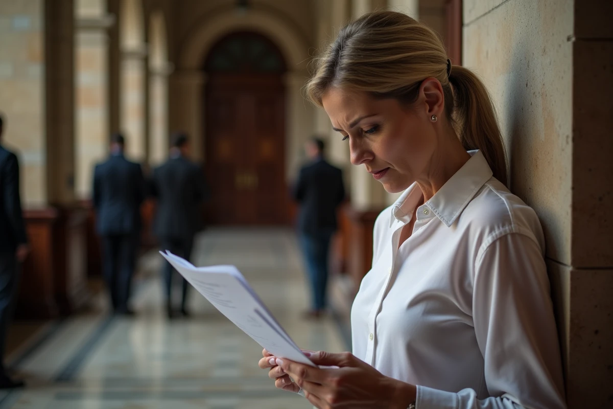 Femme lisant un document dans un couloir de palais de justice avec une expression concentrée et préoccupée