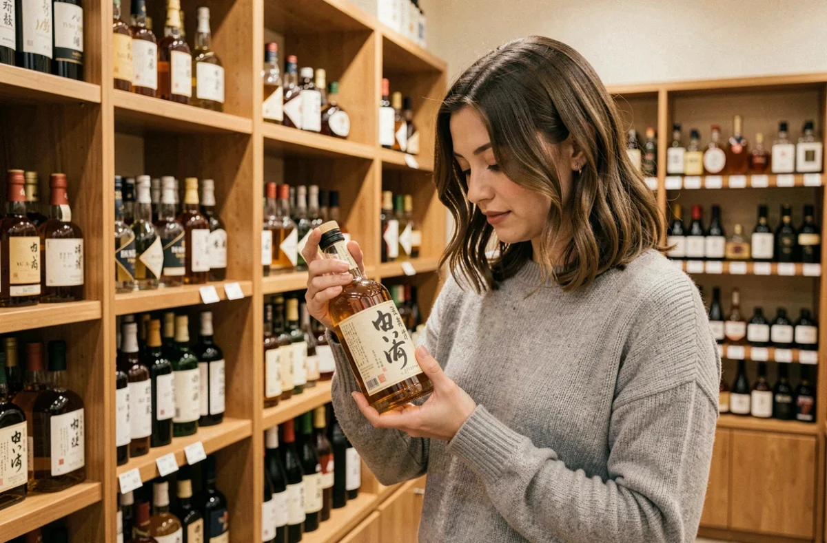 Femme découvrant le whisky japonais Akashi dans une cave à spiritueux spécialisée