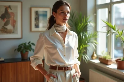 Femme élégante en blouse blanche et accessoires sophistiqués