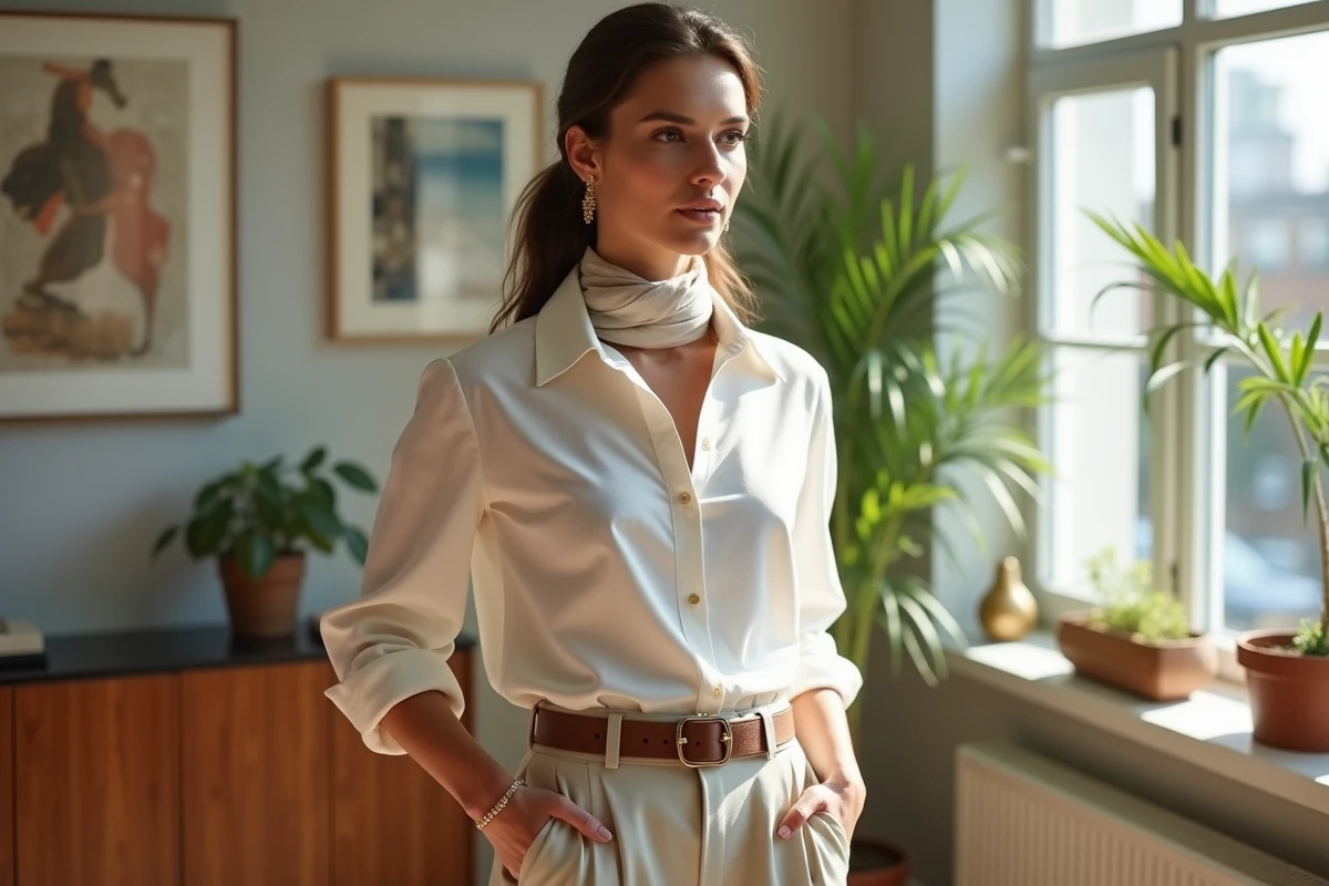 Femme élégante en blouse blanche et accessoires sophistiqués