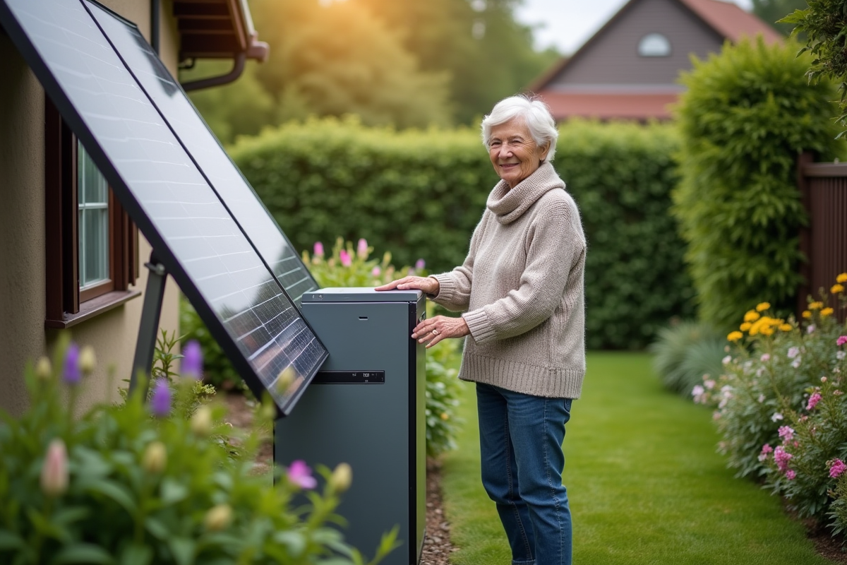 Femme âgée près d’un panneau solaire dans un jardin verdoyant