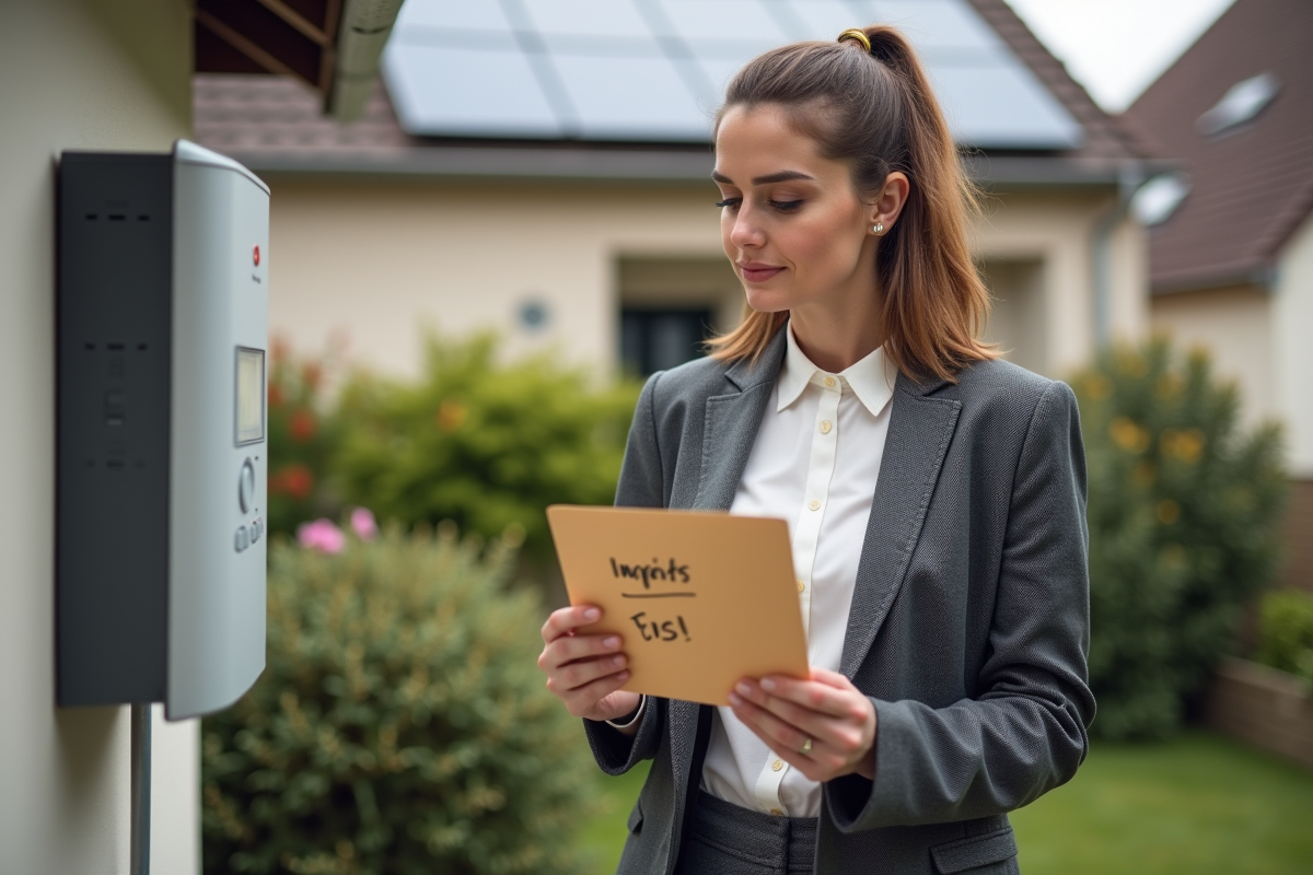 Femme dehors regardant panneau solaire sur maison