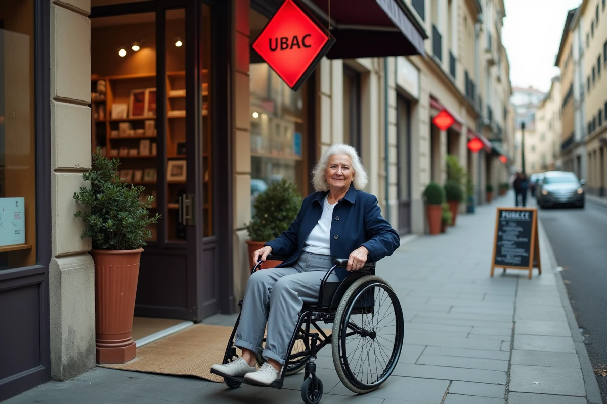 Femme en fauteuil roulant accédant à un bureau de tabac accessible via une rampe d'entrée sur un trottoir parisien