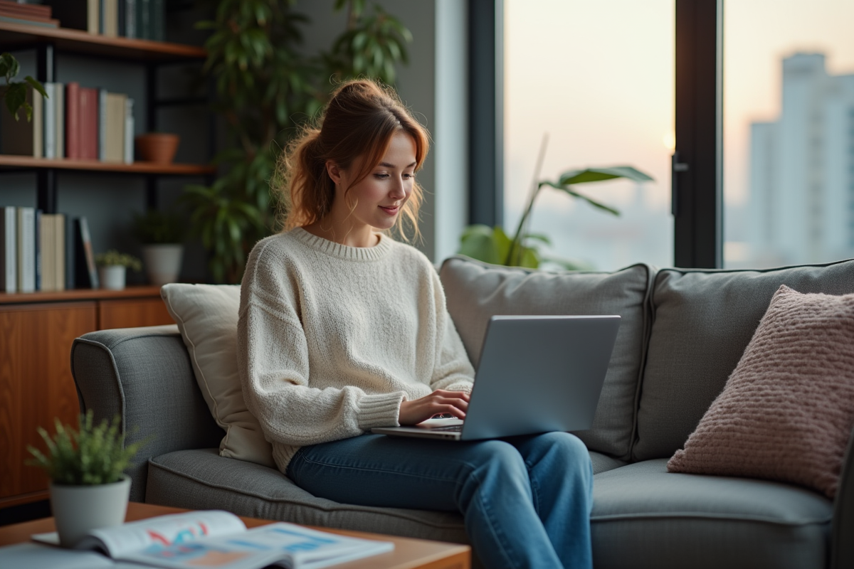 Jeune femme à la maison utilisant un ordinateur portable