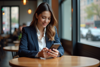 Jeune femme professionnelle utilisant une appli fintech