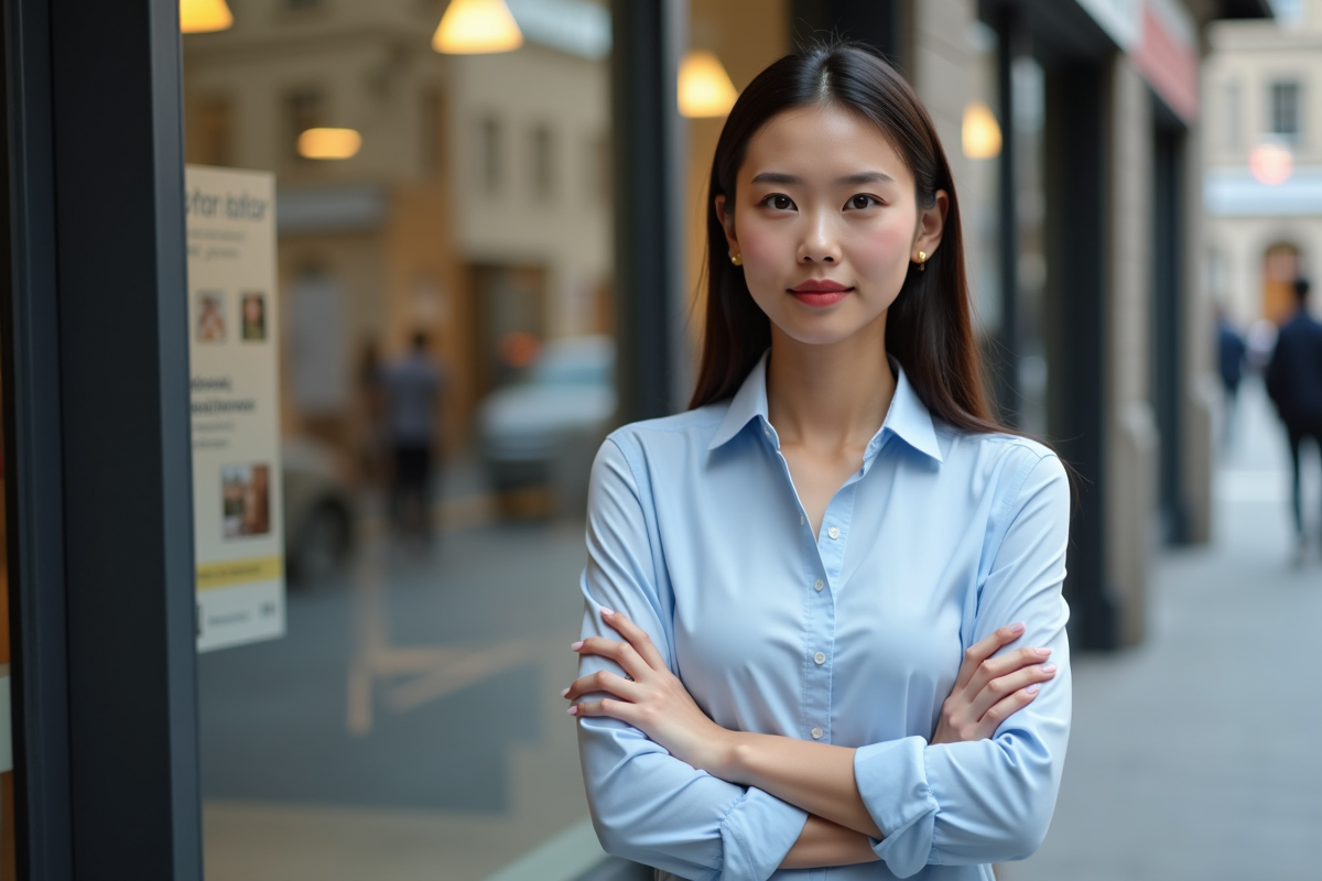 Jeune femme pensant devant un bureau immobilier en ville