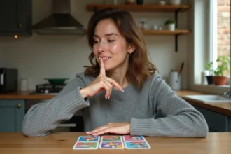 Femme concentrée jouant à un jeu de 4 images 1 mot avec des cartes colorées sur une table en bois