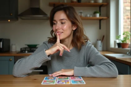 Femme concentrée jouant à un jeu de 4 images 1 mot avec des cartes colorées sur une table en bois