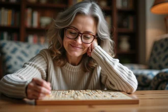 Femme d'âge moyen jouant au jeu de mots dans un salon chaleureux