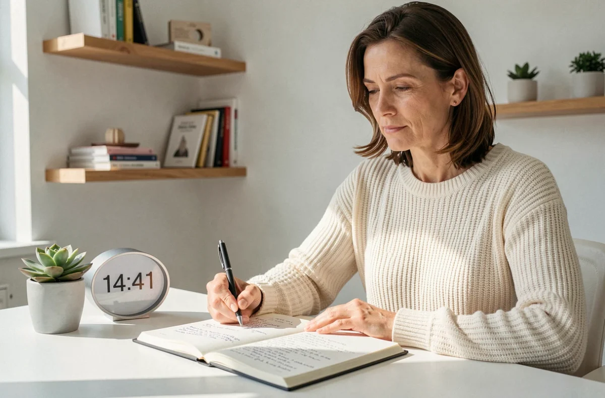 Femme écrivant dans un journal face à une horloge affichant 14h41, moment de réflexion personnelle sur les choix de vie et la numérologie