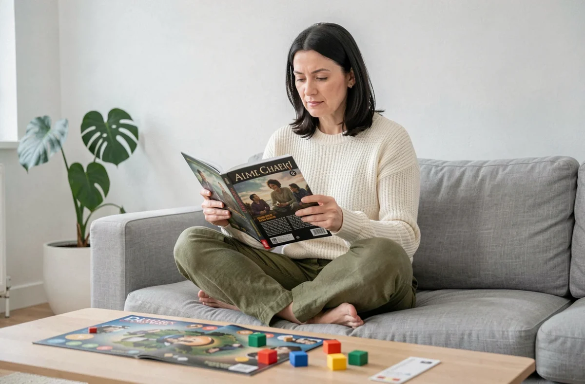 Femme adulte lisant le manuel de règles du jeu X sur un canapé dans un salon moderne
