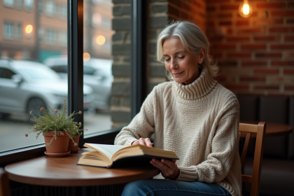 Femme lisant dans un café chaleureux avec sourire serein