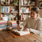 Femme en bureau à la maison avec livre et tasse de thé