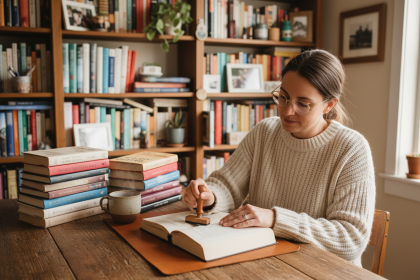 Femme en bureau à la maison avec livre et tasse de thé