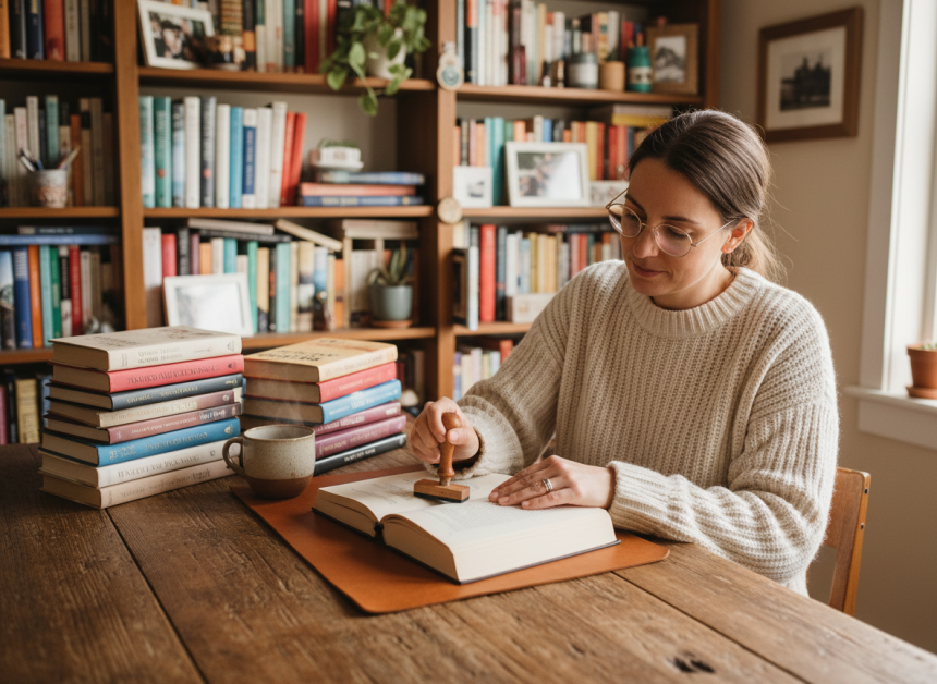 Femme en bureau à la maison avec livre et tasse de thé