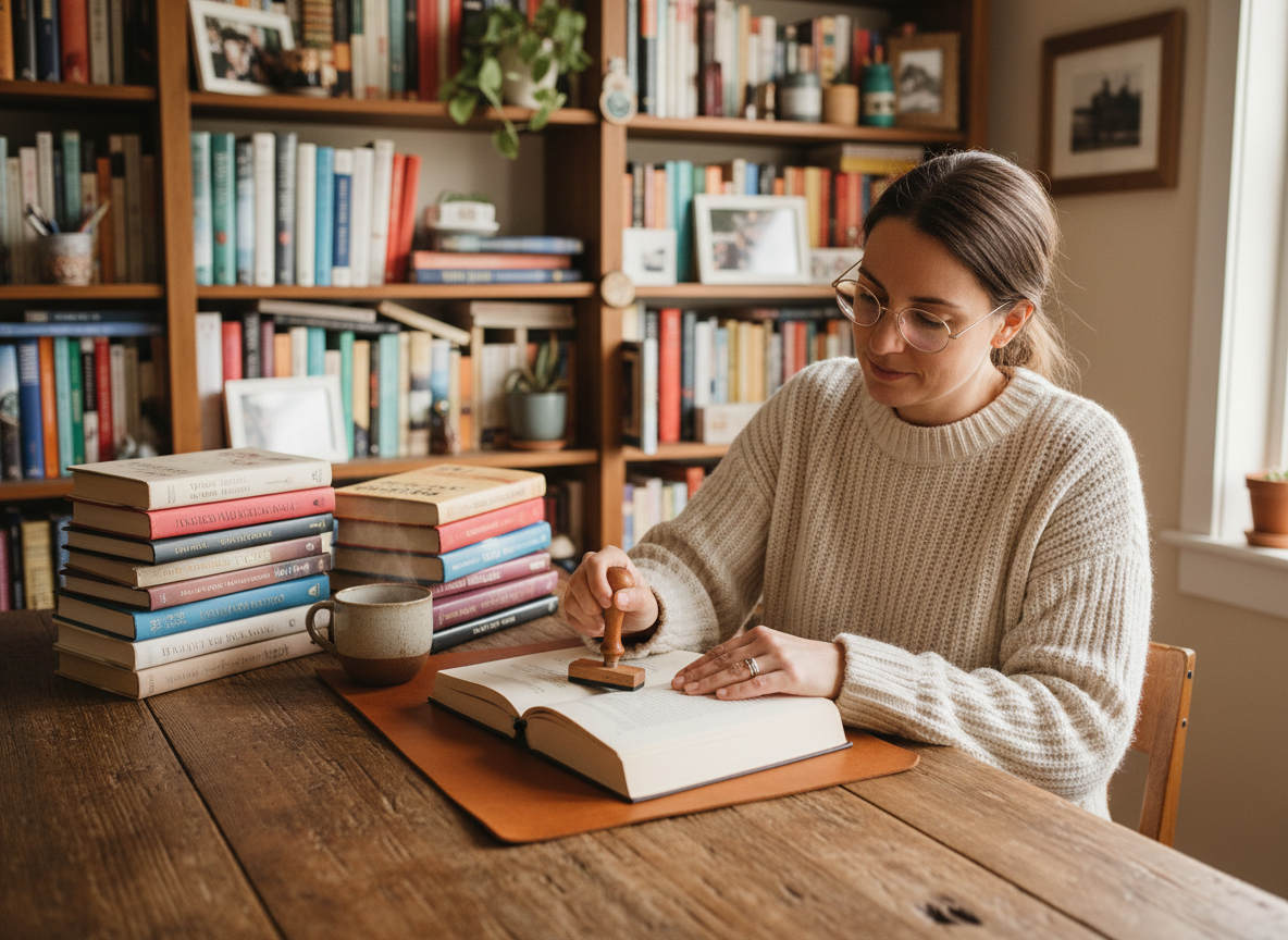 Femme en bureau à la maison avec livre et tasse de thé