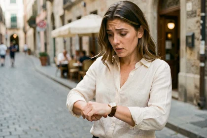 Femme regardant sa montre affichant 14h41 dans une rue pavée européenne, moment de synchronicité et de réflexion intérieure