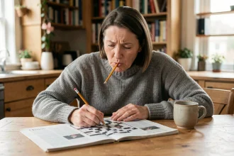 Femme résolvant des mots croisés avec un crayon à la main devant une grille de journal