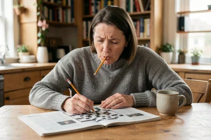 Femme résolvant des mots croisés avec un crayon à la main devant une grille de journal