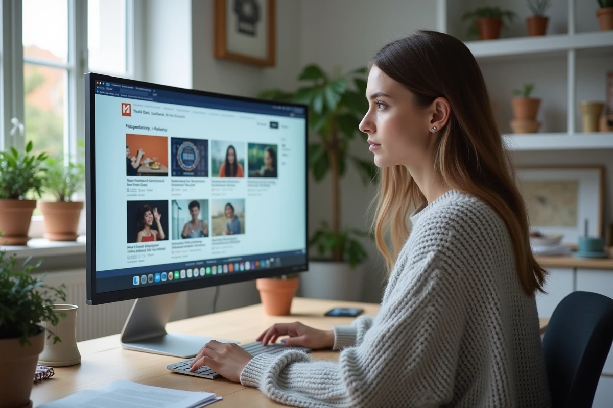 Jeune femme naviguant sur un site de contenu en grille sur un grand écran ultrawide dans un bureau minimaliste à domicile