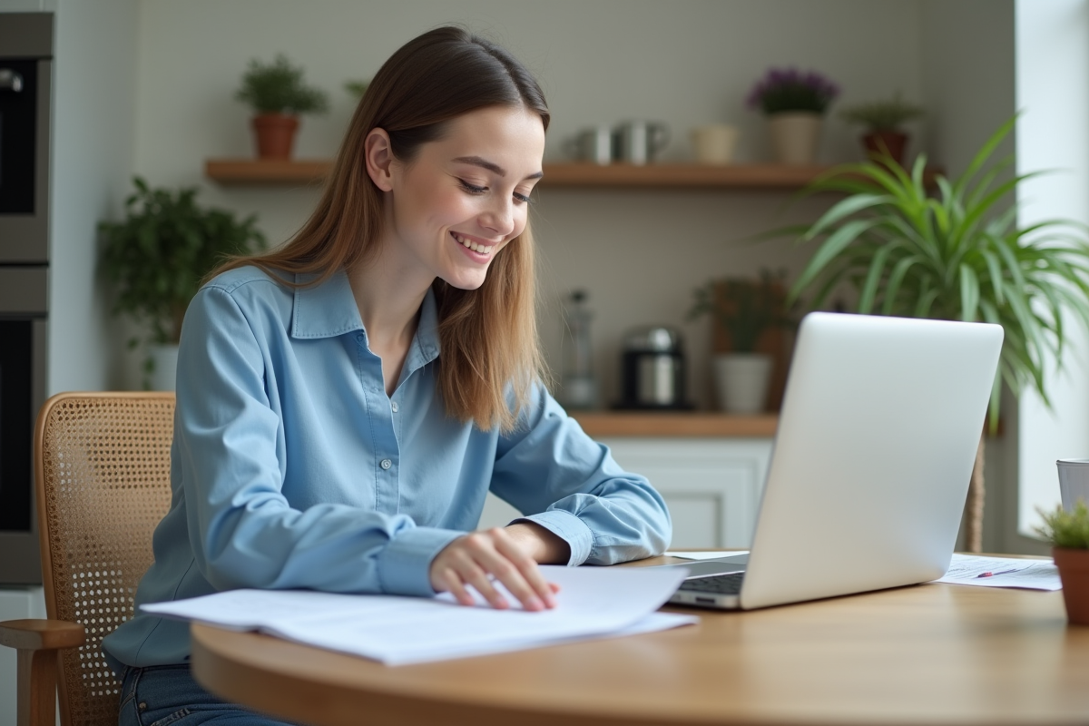 Jeune femme souriante avec documents d'assurance voiture