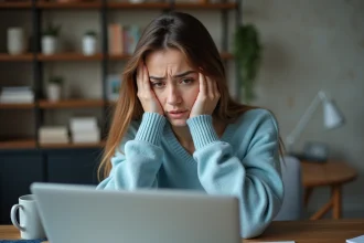 Jeune femme perplexe devant son ordinateur affichant Monopoly