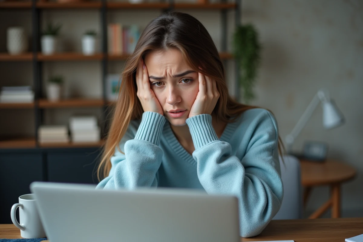 Jeune femme perplexe devant son ordinateur affichant Monopoly