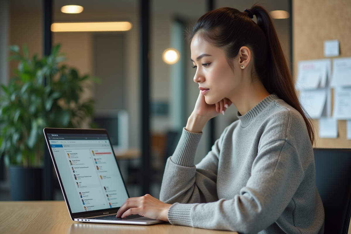 Femme en bureau organisant ses messages numériques