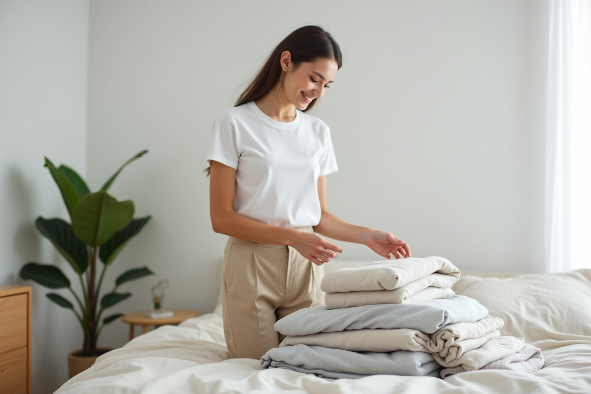 Femme organisant sa garde-robe capsule dans une chambre minimaliste