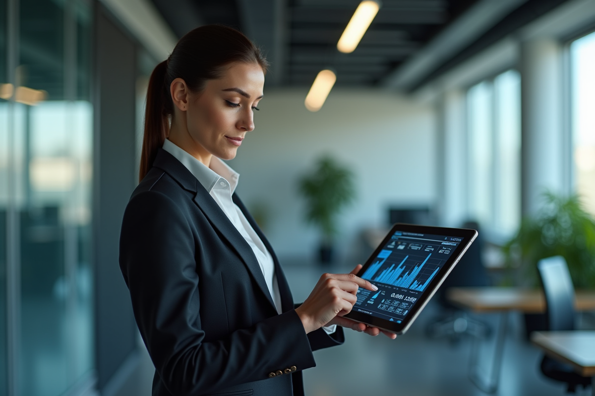 Femme d affaires examinant une tablette avec visuels blockchain