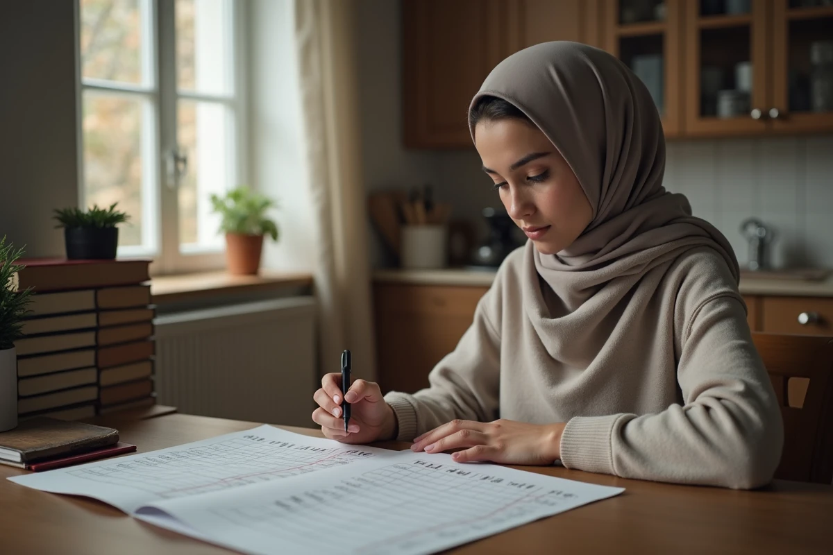 Jeune femme avec foulard comparant horaires de prière à la maison