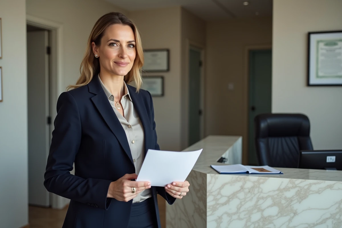 Femme en tenue professionnelle devant un bureau de notaire moderne
