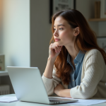 Jeune femme pensante assise à un bureau lumineux