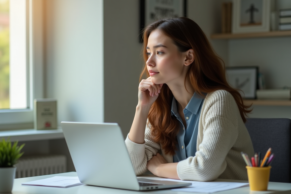 Jeune femme pensante assise à un bureau lumineux