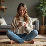 Jeune femme assise avec mug dans un salon paisible
