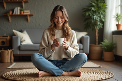 Jeune femme assise avec mug dans un salon paisible