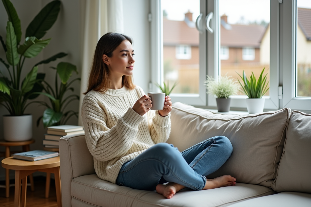 Femme assise sur un canapé dans un salon paisible