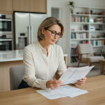 Femme d'âge moyen examine ses relevés bancaires à la maison