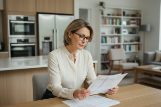 Femme d'âge moyen examine ses relevés bancaires à la maison