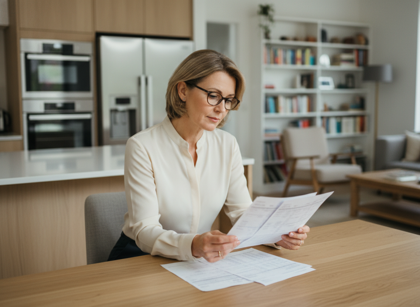 Femme d'âge moyen examine ses relevés bancaires à la maison