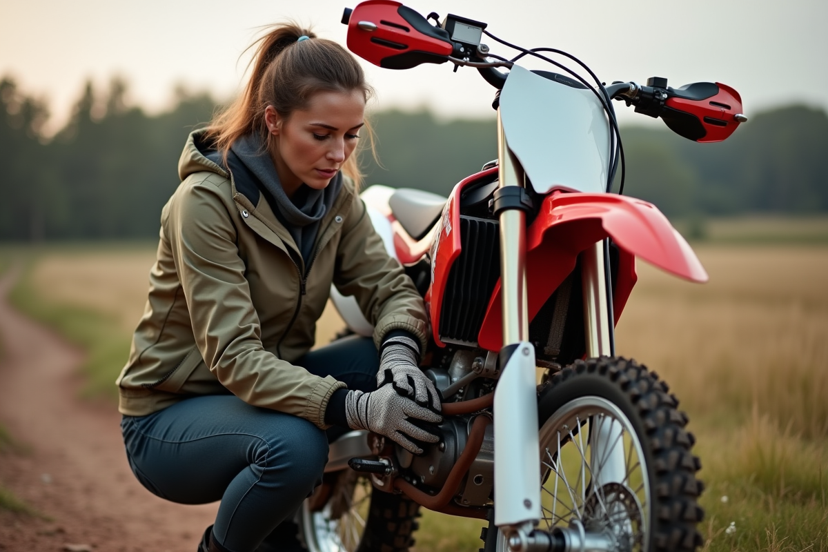 Femme rider vérifie la chaîne d
